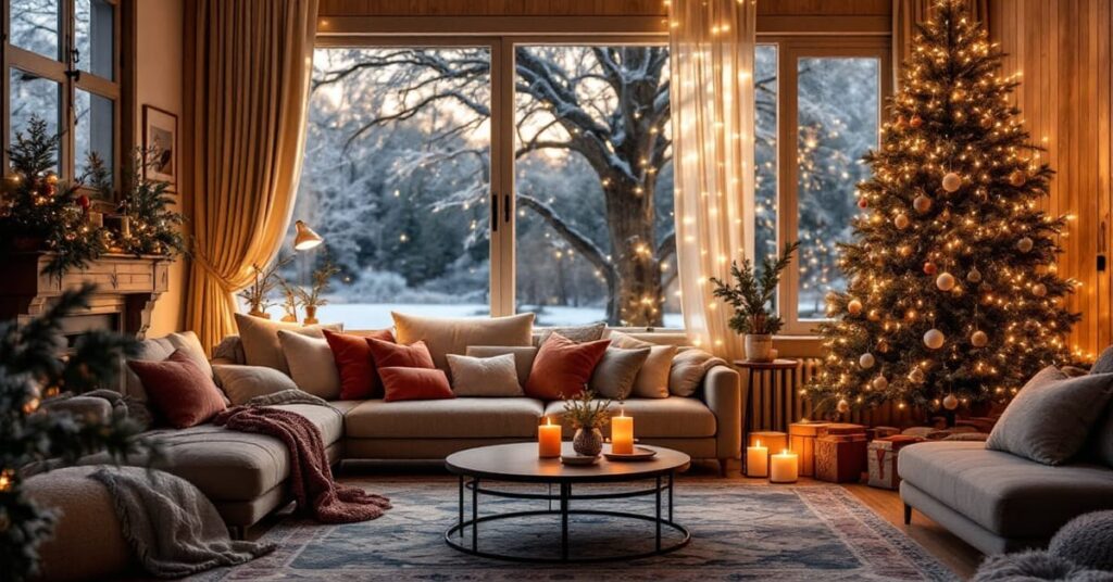 Décoration de Noël intérieure élégante avec guirlandes lumineuses et ornements festifs dans un salon moderne