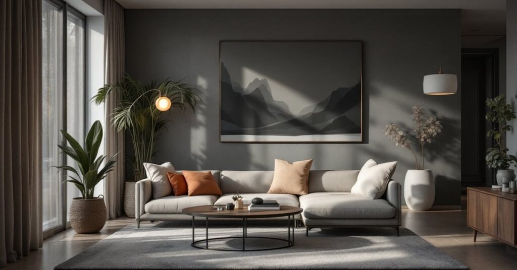 Lampe de chevet designer moderne posée sur une table de nuit dans une chambre contemporaine épurée