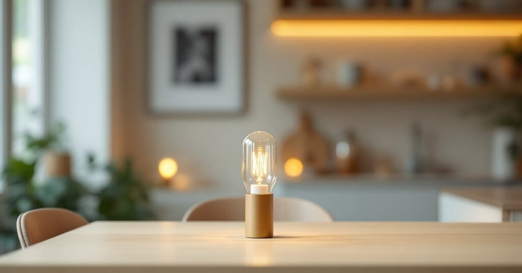 Lampe de chevet sans fils posée sur une table de nuit moderne dans un intérieur épuré et contemporain