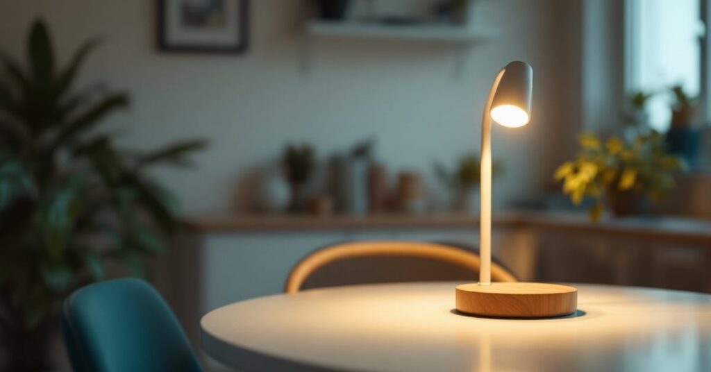 Lampe de chevet sans fil moderne posée sur une table de nuit dans une chambre contemporaine