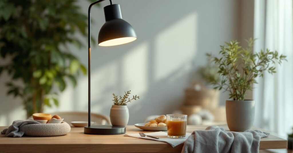 Lampe de chevet IKEA posée sur une table de nuit moderne dans une chambre épurée