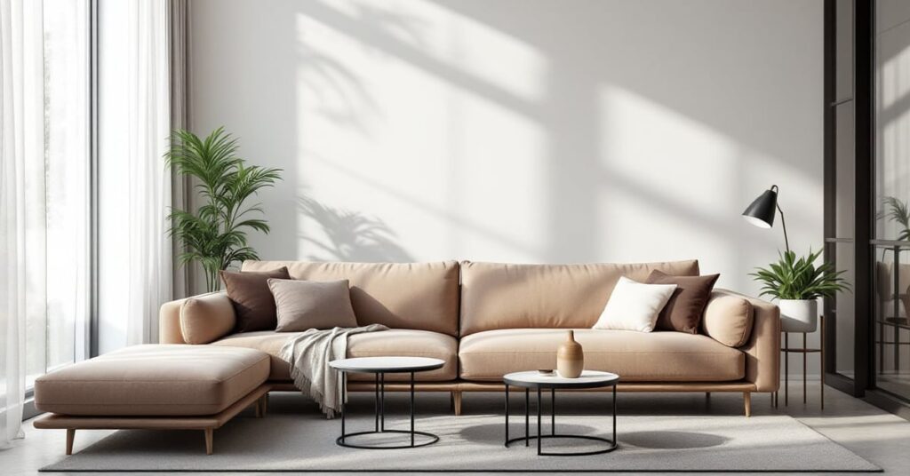 Canapé design italien moderne dans un salon épuré aux lignes élégantes et aux matériaux nobles