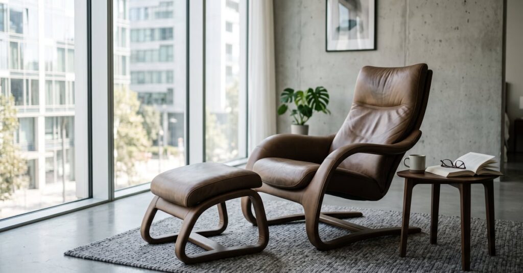Fauteuil relax design italien en cuir naturel dans un intérieur moderne et épuré
