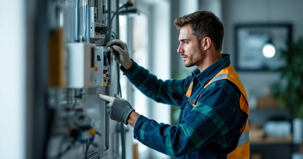 Installation prise électrique : électricien posant une prise murale avec outils professionnels