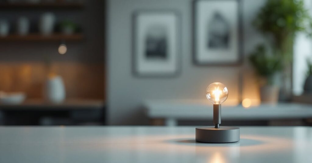 Lampe de chevet Leroy Merlin posée sur une table de nuit moderne dans une chambre épurée