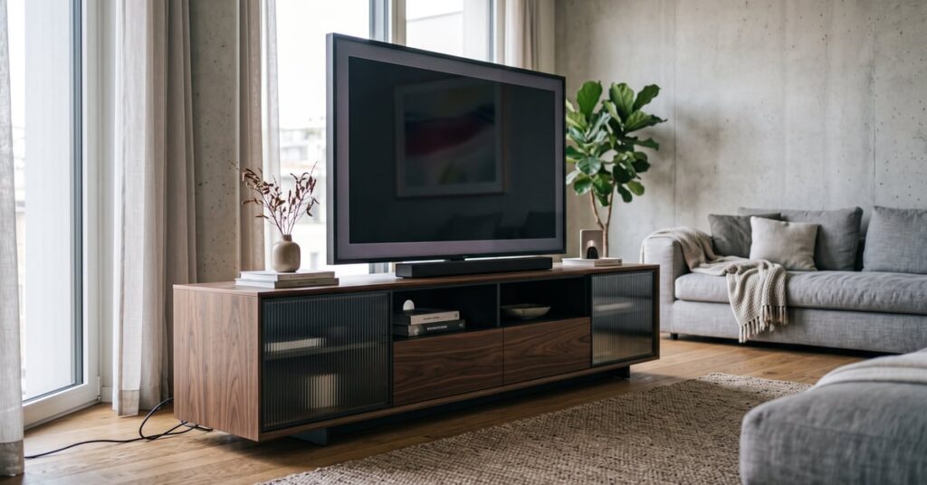 Meuble TV design italien en bois et métal dans un salon moderne épuré