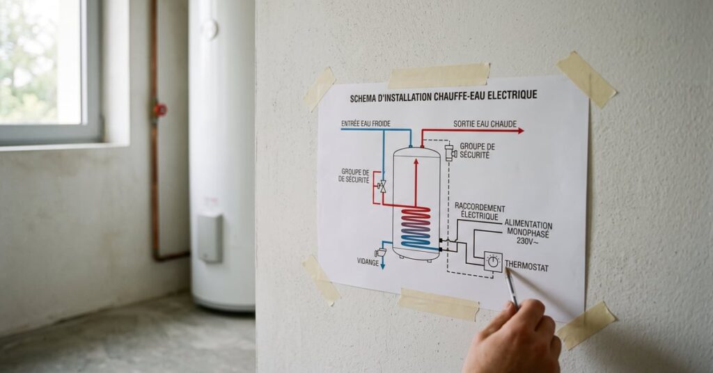 Schéma installation chauffe-eau électrique avec câblage et raccordements visibles
