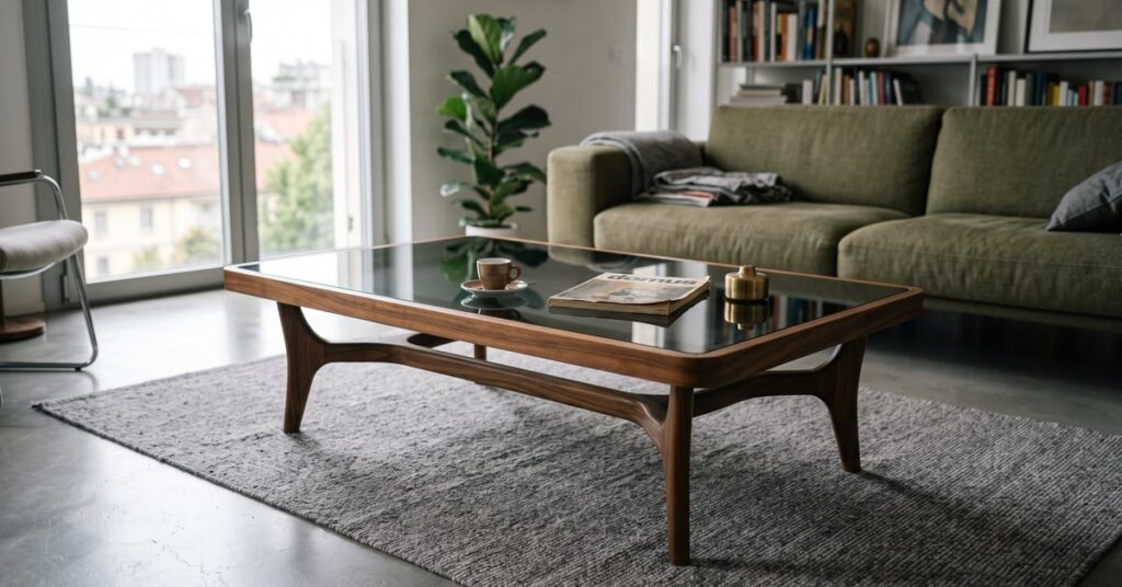 Table basse au design italien épuré, structure en métal et plateau en marbre blanc dans un intérieur moderne