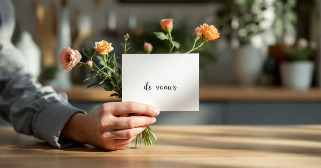 Carte de vœux posée sur un bouquet de fleurs fraîches, message élégant pour accompagner un cadeau floral