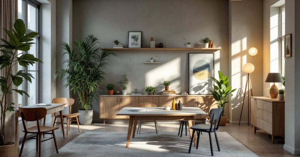 Étudiants en école de décoration intérieure travaillant sur des projets d'aménagement dans un atelier moderne