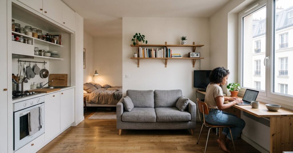 Aménagement petit appartement 30m² avec espace salon optimisé, meubles multifonctions et rangements intégrés