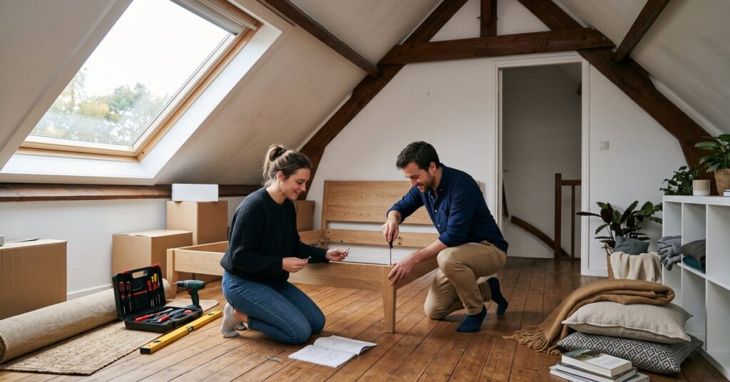 Chambre mansardée aménagée avec rangements intégrés sous les pentes et lit central lumineux