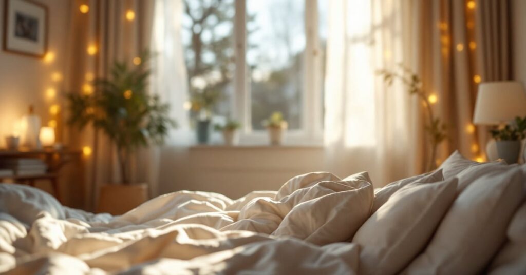 Chambre cosy romantique avec éclairage tamisé, linge de lit douillet et déco chaleureuse