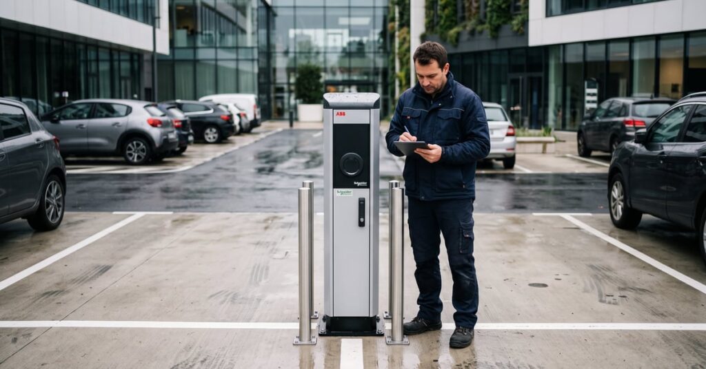 Coût installation borne électrique : technicien installant une borne de recharge à domicile