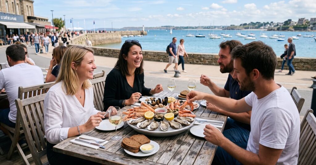Cuisine bord de mer lumineuse avec décoration marine naturelle et matériaux durables