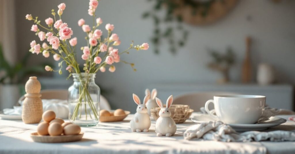 Table de Pâques décorée avec des œufs colorés, fleurs printanières et vaisselle élégante