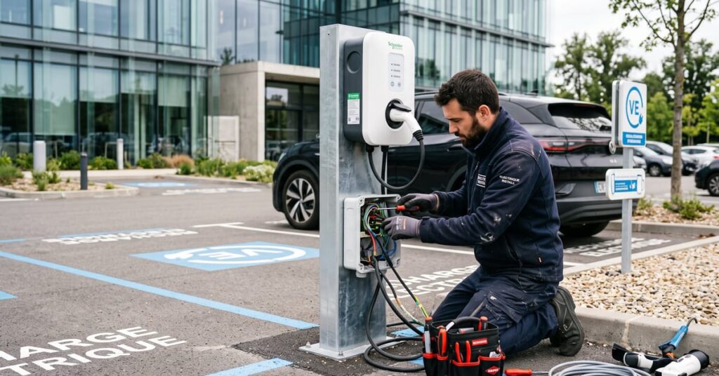 Installation d'une borne de recharge pour voiture électrique à domicile par un électricien professionnel
