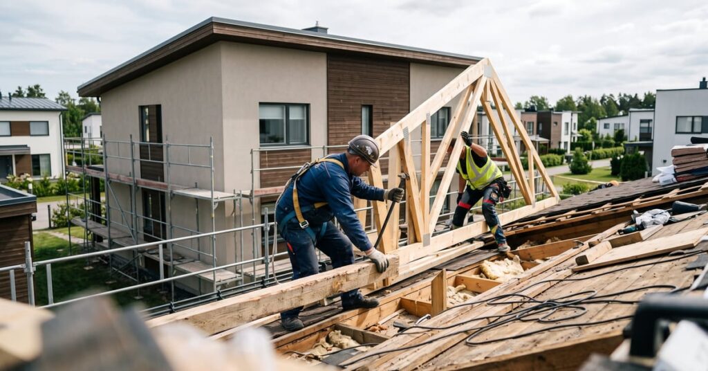 Travaux de rehaussement de toiture sur une maison, charpente surélevée en cours de construction