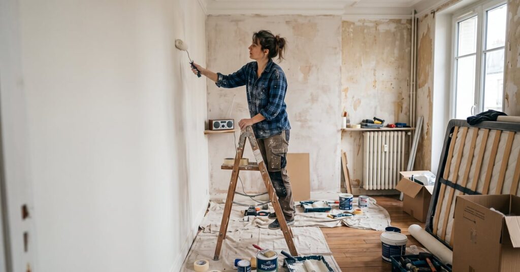 Chambre en cours de rénovation avec murs clairs et mobilier moderne — rénover une chambre